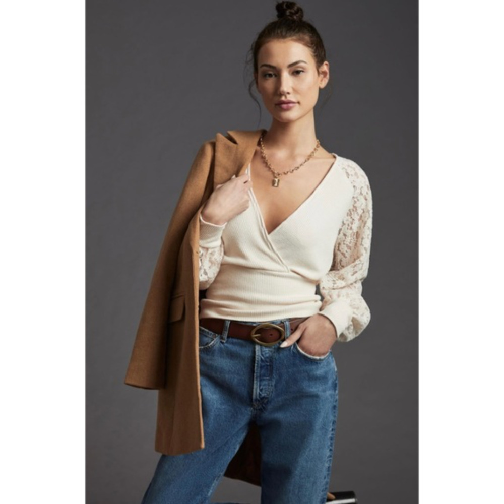 New Anthropologie Balloon Lace Sleeves Wrap Top - XL - Picture 3 of 7